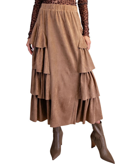 Faux Suede Tiered Ruffle Maxi Skirt