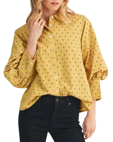 Mustard Polka Dot Balloon Sleeve Button-Up Blouse