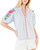 Blue Stripe Floral Embroidered Puff Sleeve Top