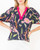 Navy Floral Puff Sleeve Blouse with Pink Trim