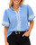 Blue Embroidered Trim Puff Sleeve Blouse