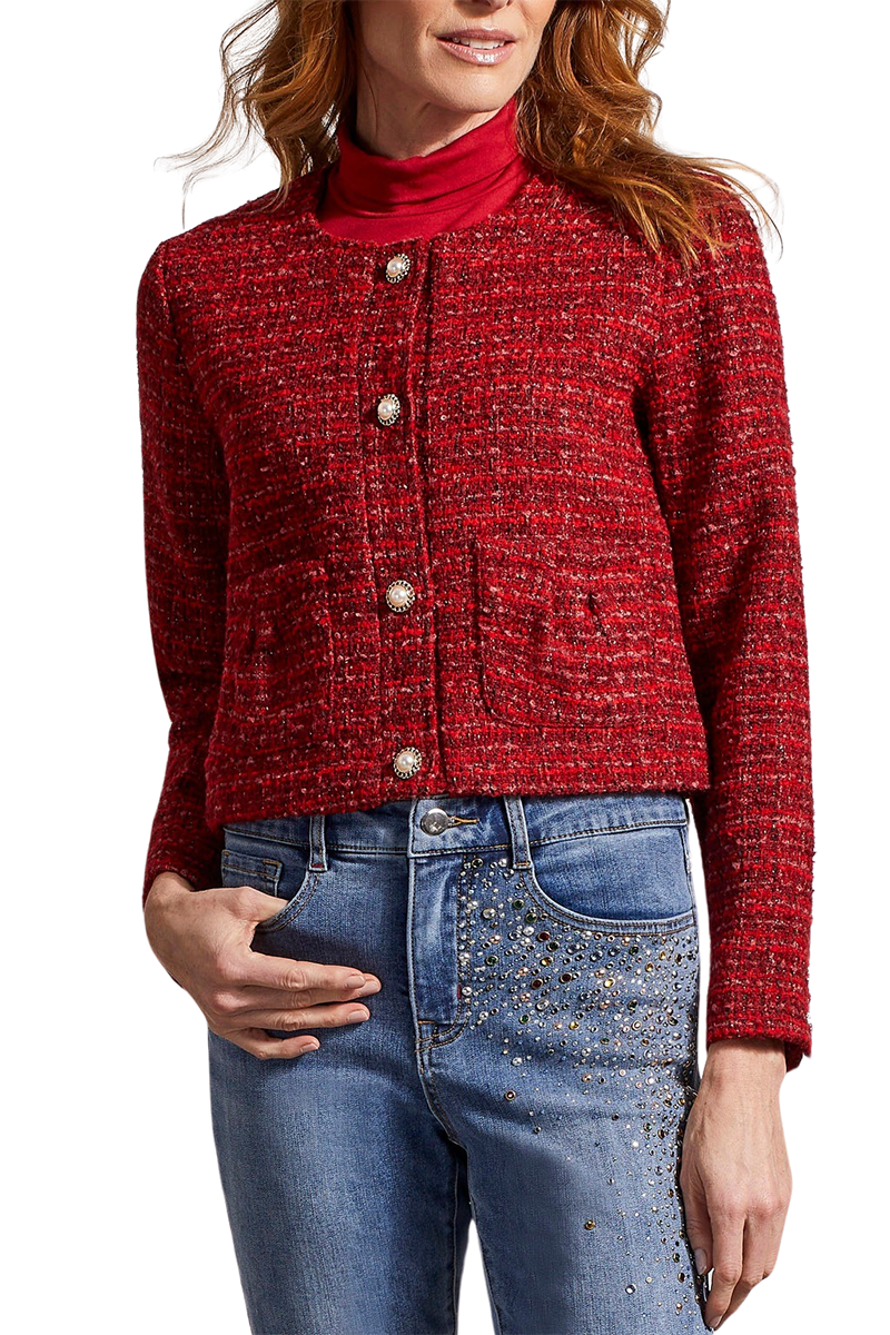 Crop Tweed Jacket with Cute Pearlized Buttons