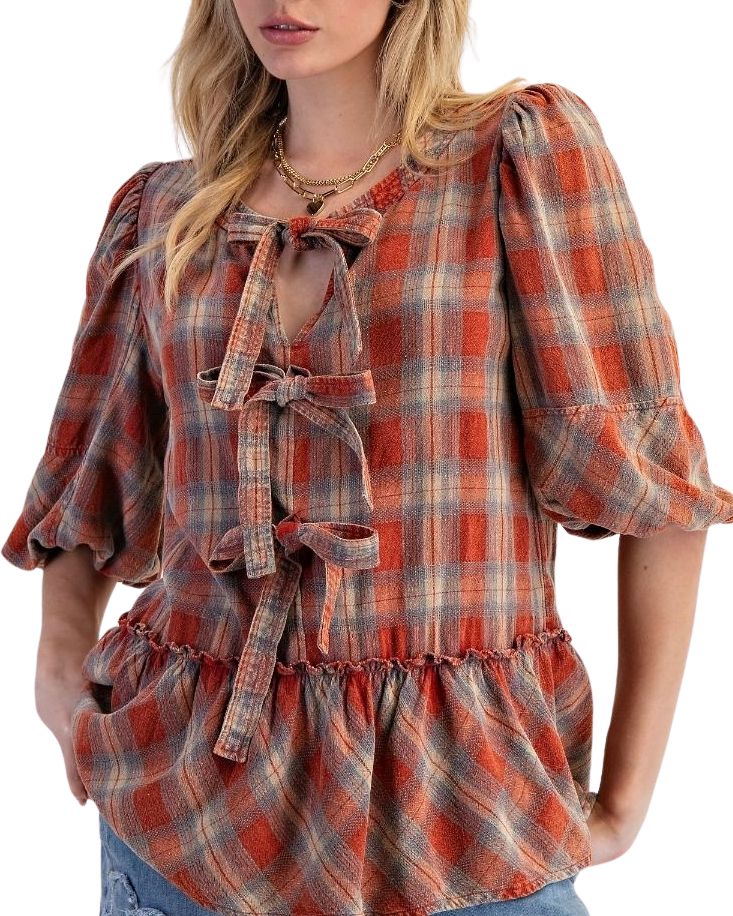 Easel Washed Plaid Tie-Front Bow Peplum Blouse