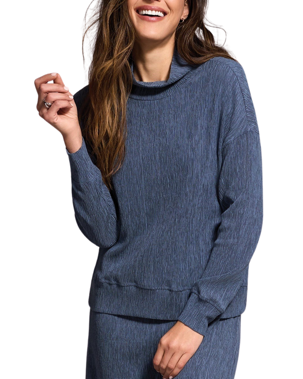 Tribal Blue Ribbed Mock Neck Pullover | Women's Lounge Top