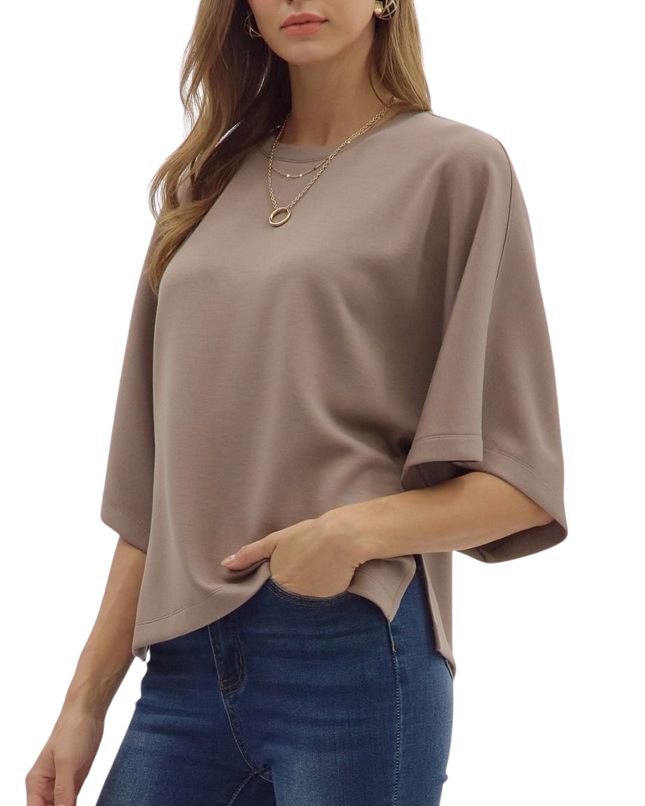 Relaxed Fit Wide Dolman Sleeve Top with Side Slit