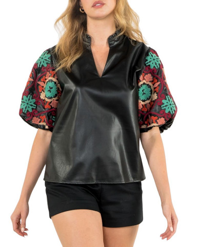 THML Embroidered Puff Sleeve Leather Top