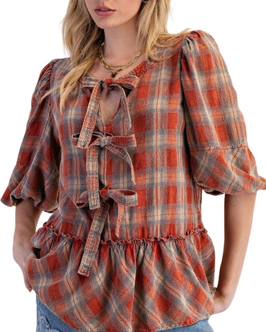 Easel Washed Plaid Tie-Front Bow Peplum Blouse