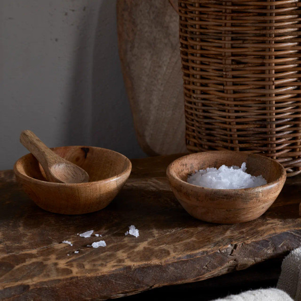 Daruka salt & pepper dipping bowls with spoons by Nkuku.
