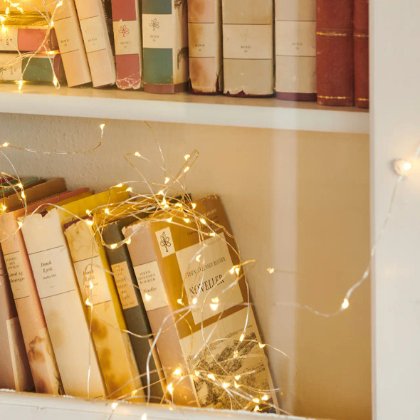 Knirke 160L String Lights - Silver on bookcase.
