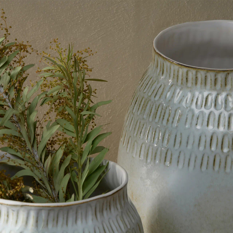 Close-up of Small & large Anjuna ceramic vases.