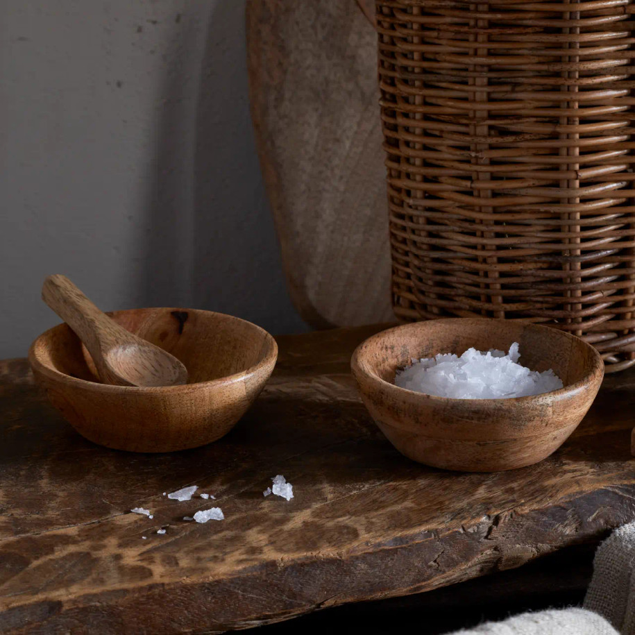 Daruka salt & pepper dipping bowls with spoons by Nkuku.