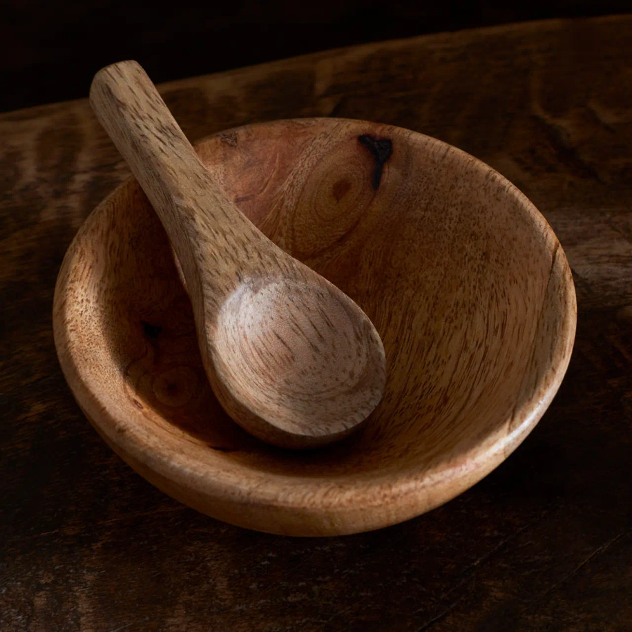 Top-down view of Daruka dipping bowl with spoon.
