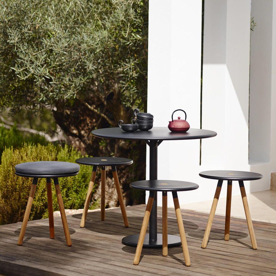 Cane-line Area stools in black around a table.