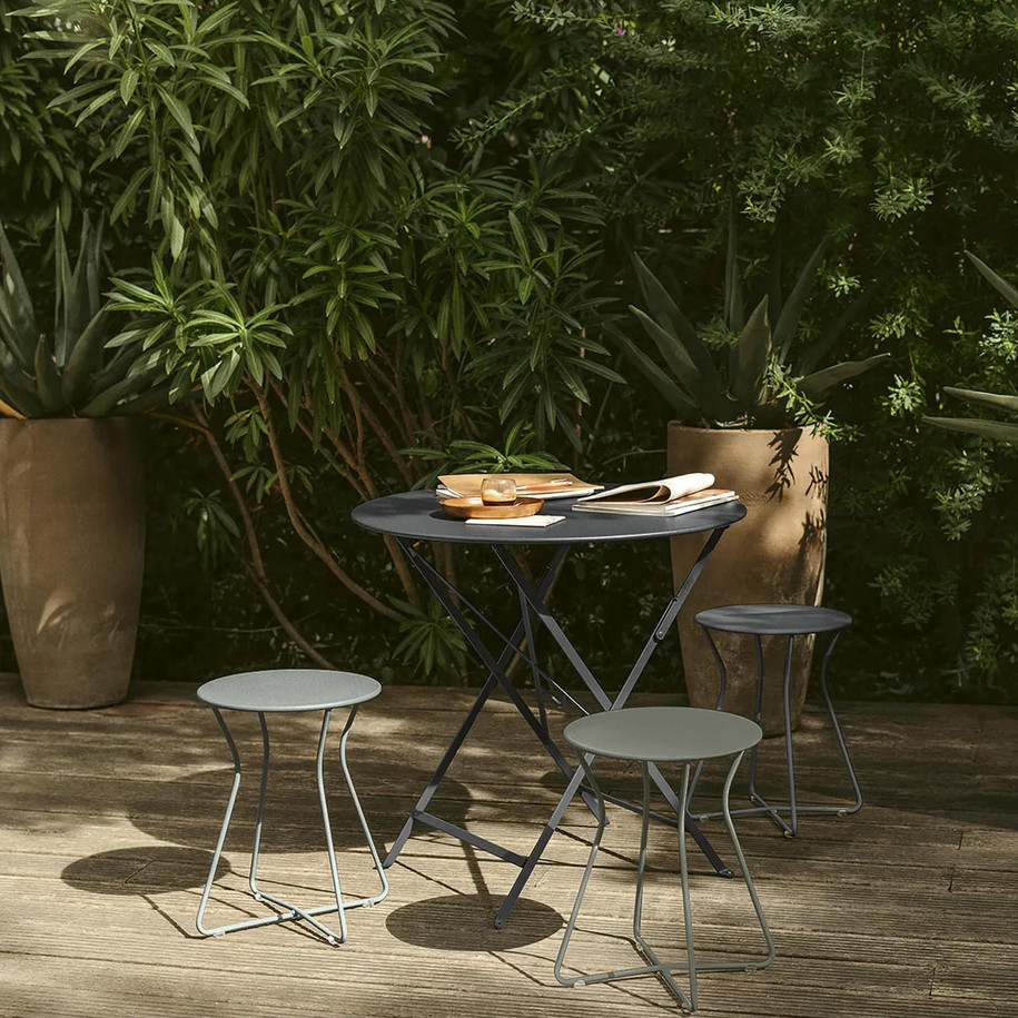 Lapilli Grey, Rosemary, & Anthracite Cocotte stools with Bistro table by Fermob.