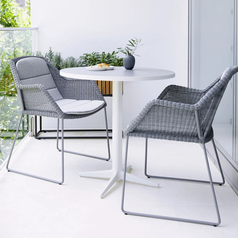 Drop Cafe Table 60cm with White base ceramic Light Grey table top & Breeze chairs.
