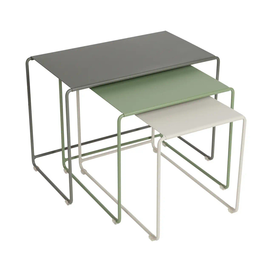 Rosemary, Cactus, Clay Grey Oulala nesting low tables by Fermob.