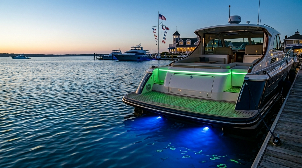 Blue marine underwater LED lights and smart boat deck status lighting - Modern boat safety tech