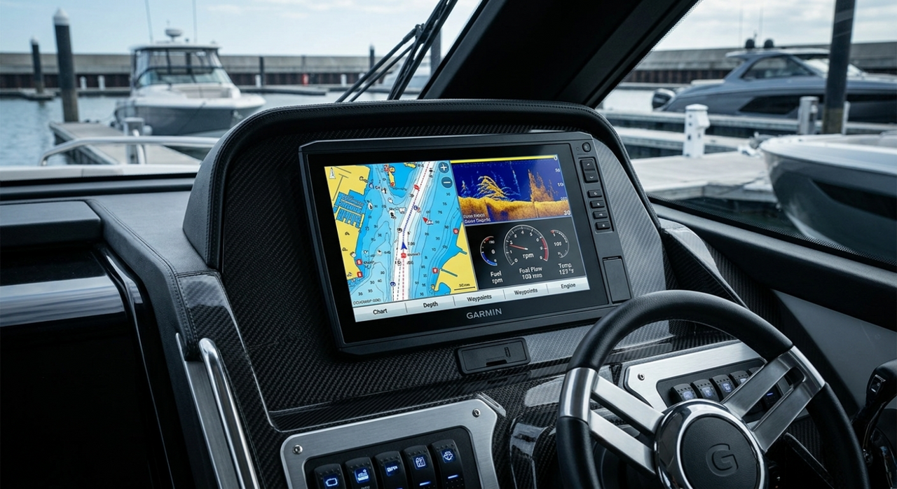 High-resolution marine GPS chartplotter and fishfinder displaying topographical underwater maps on a boat dashboard - Boat Supply Store