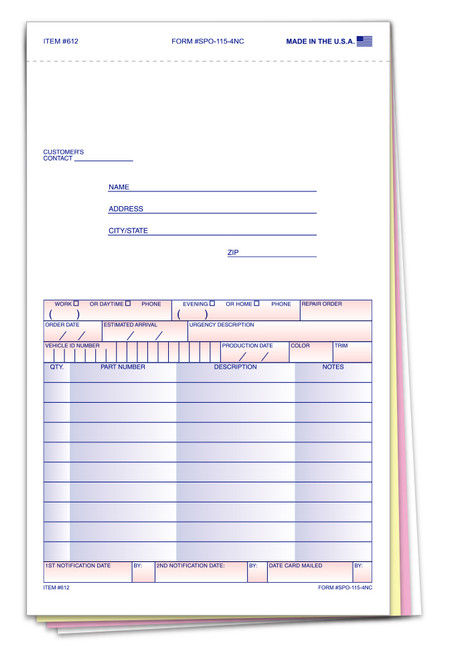 Automotive Service Products Special Parts Order Form 612