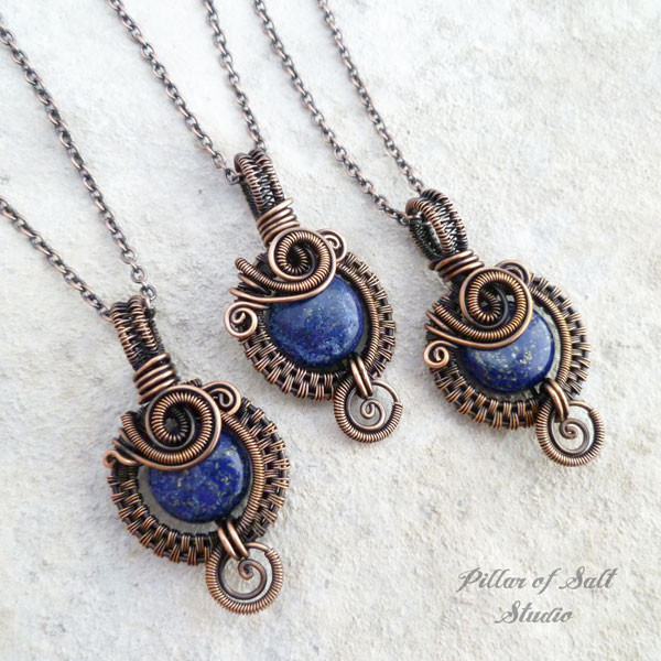 Small blue Lapis Lazuli Copper Woven Wire Wrapped Pendant Necklace