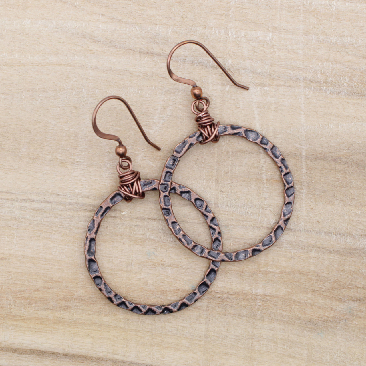 Medium Hoop Earrings, Hammered Copper, Ethiopian Trade Beads, Womens Copper  Jewelry - Jewelry by Elsa