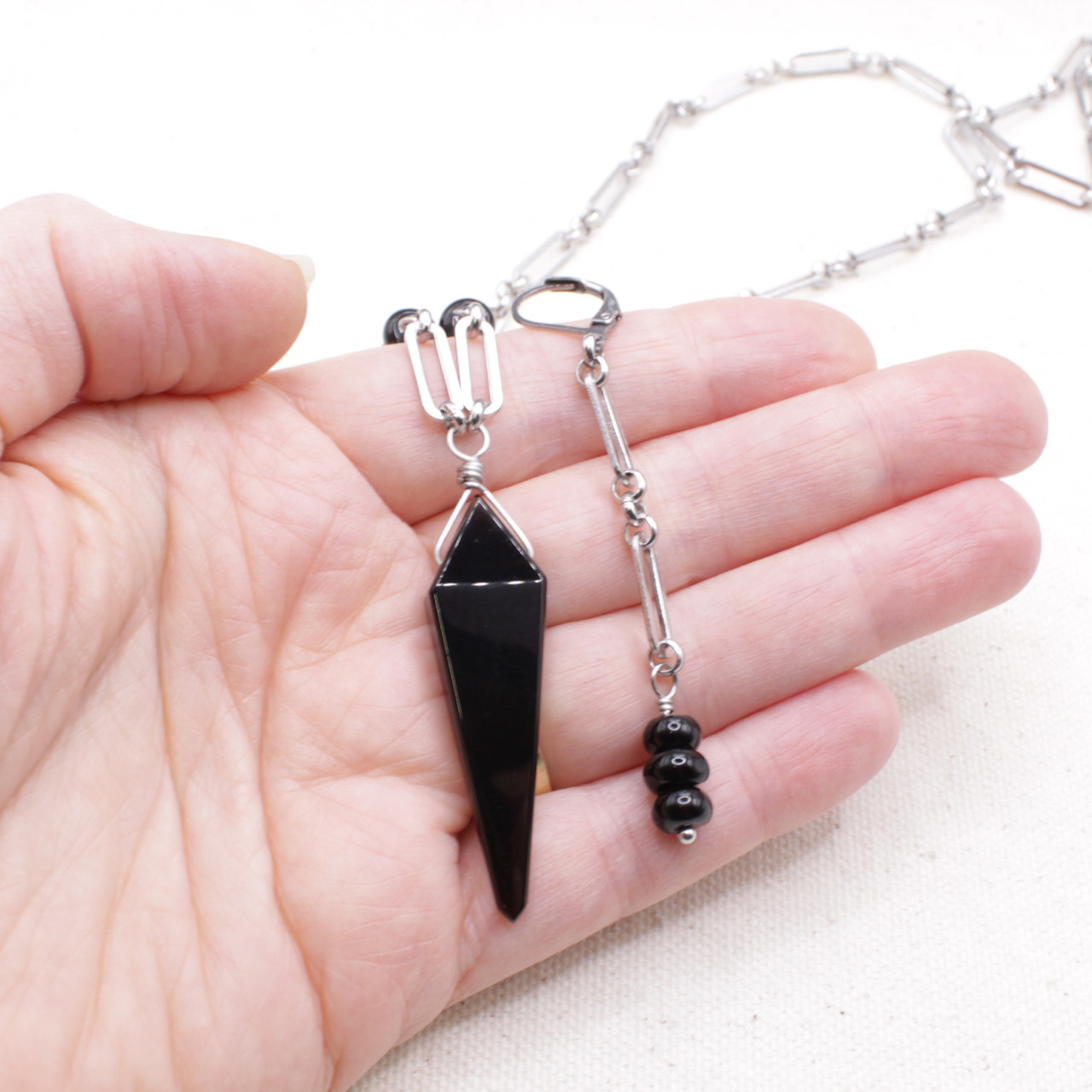 Stainless Steel Paperclip Chain with Black Obsidian and Onyx