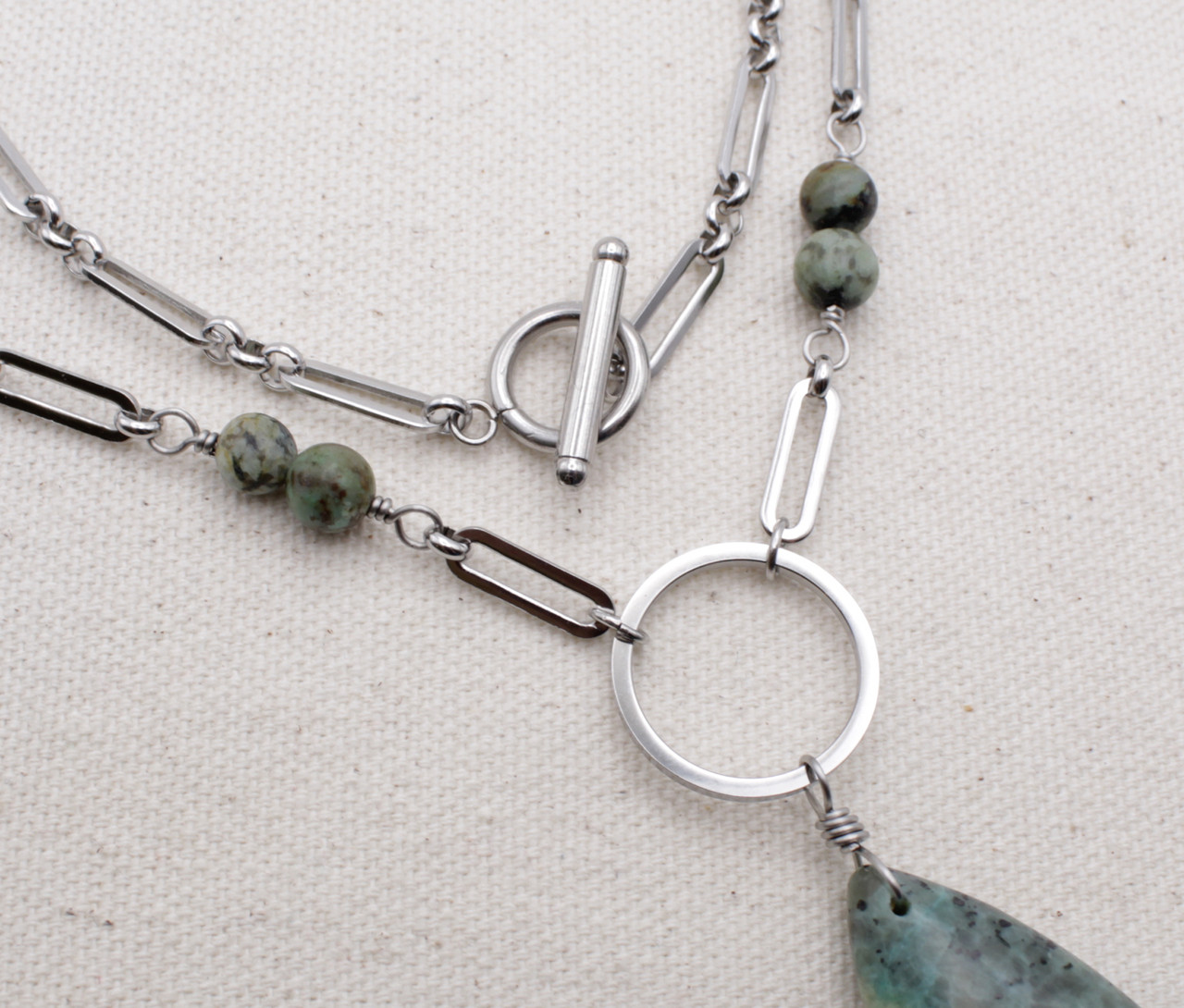 Stainless Steel Paperclip Chain with African Turquoise Jasper