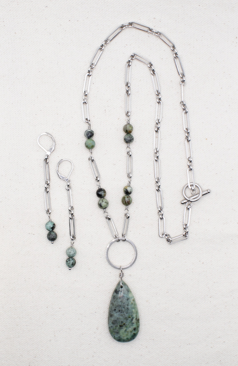 Stainless Steel Paperclip Chain with African Turquoise Jasper