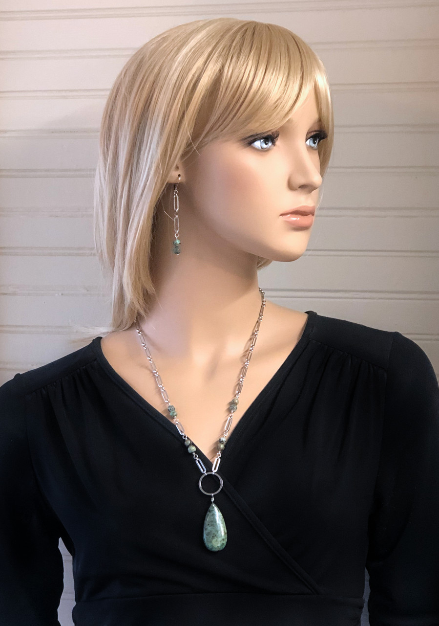 Stainless Steel Paperclip Chain with African Turquoise Jasper