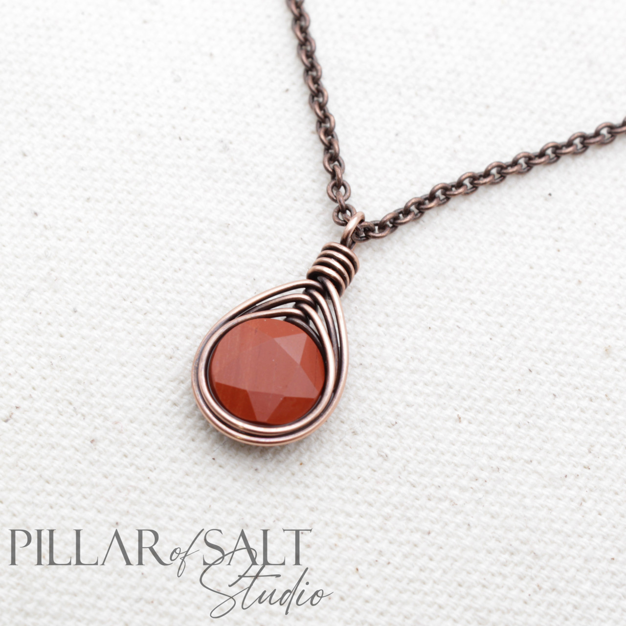 Red Jasper Wire Wrapped Pendant Copper Necklace - Pillar of Salt