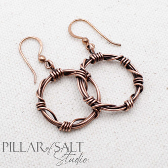 barbed wire circle copper wire wrapped earrings by Pillar of Salt Studio