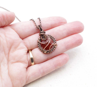 Small Red Carnelian Copper Woven Wire Wrapped Pendant Necklace