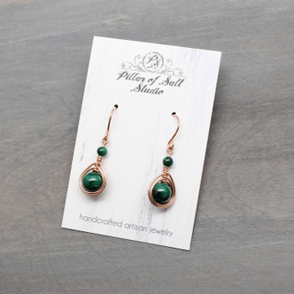 Malachite and rose gold-filled wire wrapped earrings