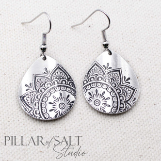 Mandala Textured Teardrop  Aluminum Earrings