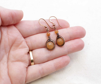 Copper Wire Wrapped Earrings with Orange Aventurine Stones