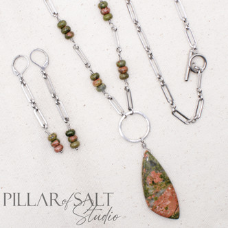 Stainless Steel Paperclip Chain with Unakite Stones Necklace & Earring Set