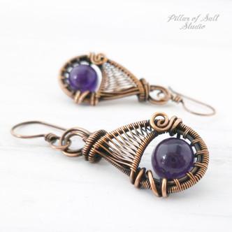Amethyst woven wire earrings Copper jewelry by Pillar of Salt Studio