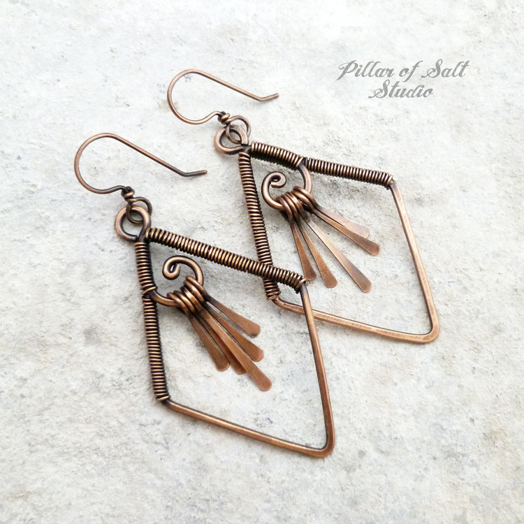 Diamond-shaped wire wrapped copper fringe earrings by Pillar of Salt Studio