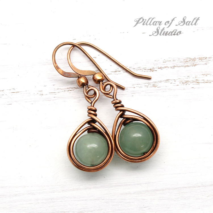green aventurine earrings copper jewelry by Pillar of Salt Studio