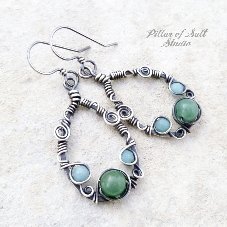 Sterling silver wire wrapped earrings with amazonite and green aventurine