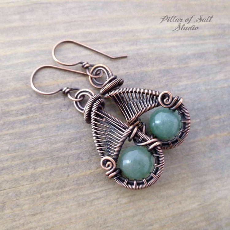 handcrafted green aventurine woven wire copper earrings - earthy jewelry by Pillar of Salt Studio