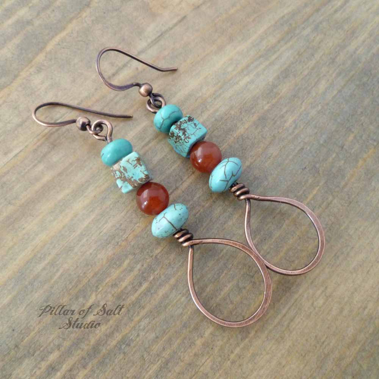 red & turquoise copper wire wrapped teardrop earrings by Pillar of Salt Studio