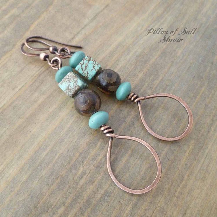 Stacked Teardrop Copper Earrings - Brown and Turquoise - Pillar of Salt ...