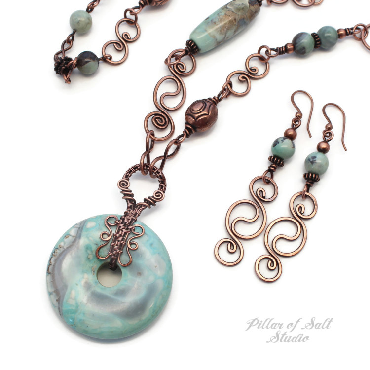 Aqua Terra Agate and Copper wire wrapped jewelry set.