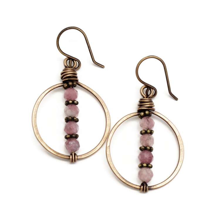 Bronze and Pink Tourmaline wire wrapped earrings