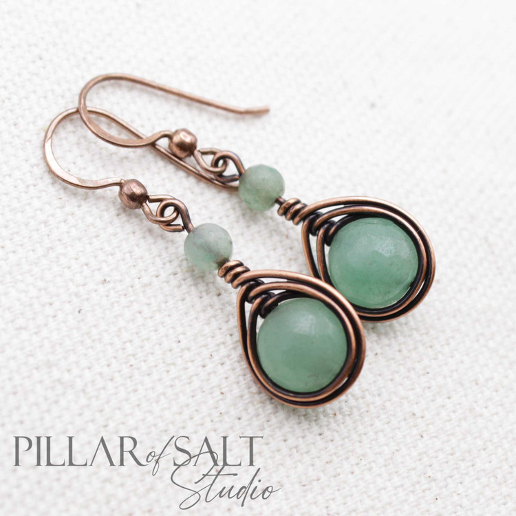 Green Aventurine Copper Wire Wrapped Earrings