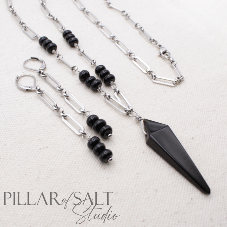 Stainless steel paperclip chain necklace and earrings with Black Obsidian pendant and Black Onyx beads.