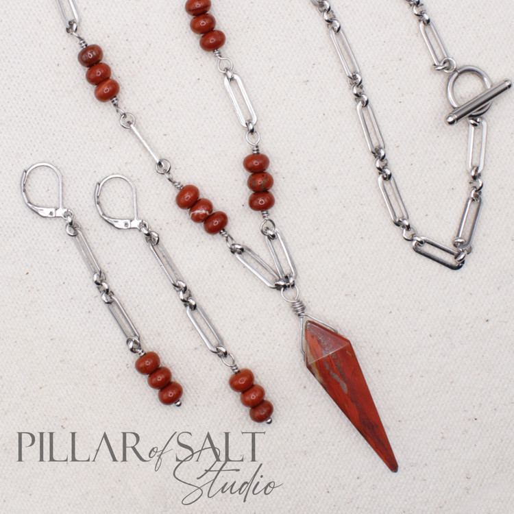 Red Jasper and Stainless Steel paperclip chain necklace and earring set