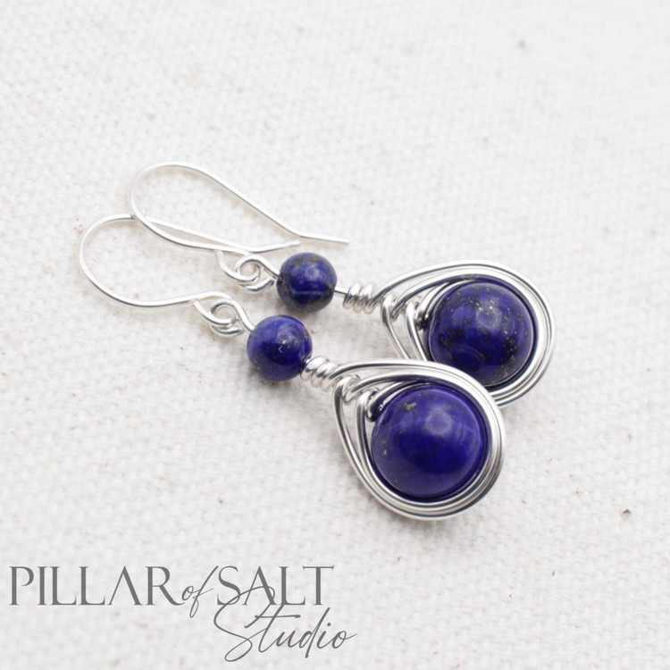 Blue Lapis Lazuli earrings wrapped with sterling silver wire