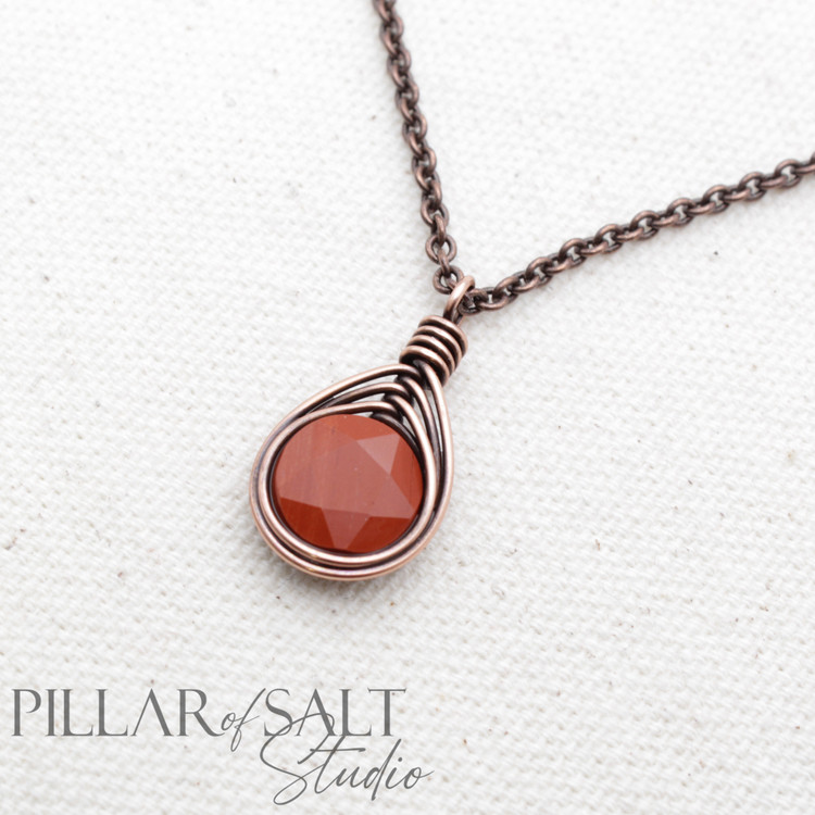 Red Jasper Wire Wrapped Pendant Copper Necklace